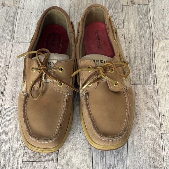 Sperry Top Sider Women's 9.5 M Boat Shoes Tan Leather Lace Up Slip On Moccasins - Picture 2 of 9